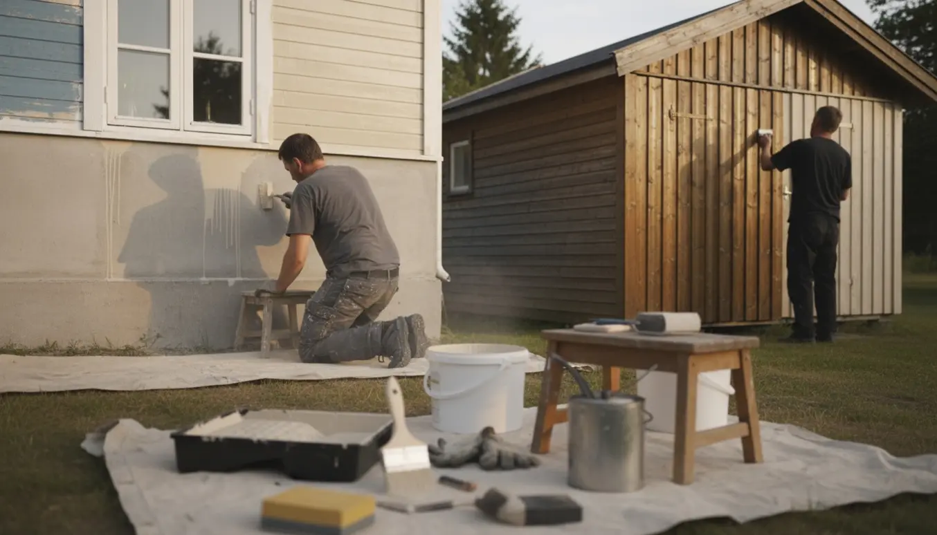 Husfacade og træskur under forberedelse og maling med malerbøtter, pensler og en person på lav skammel.