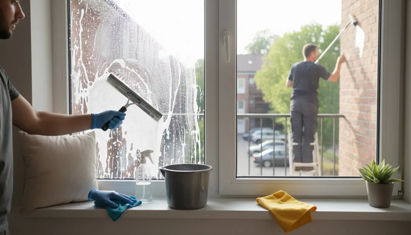 Vinduespudsning i en 2. sal lejlighed set indefra med sæbe på ruden og pudser udenfor på stige.