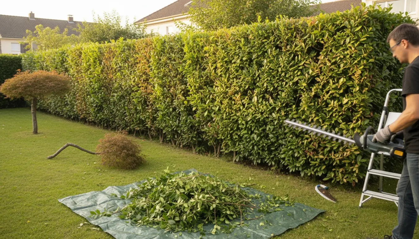 Hæk i en parcelhushave bliver klippet med en hækkeklipper, med en bunke af afklip på græsset.