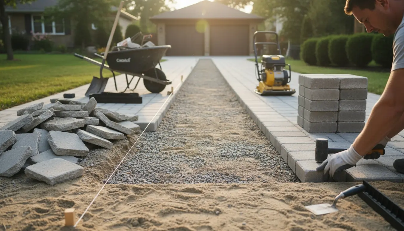 Indkørsel under renovering med gamle fliser fjernet og nye fliser klar til lægning.