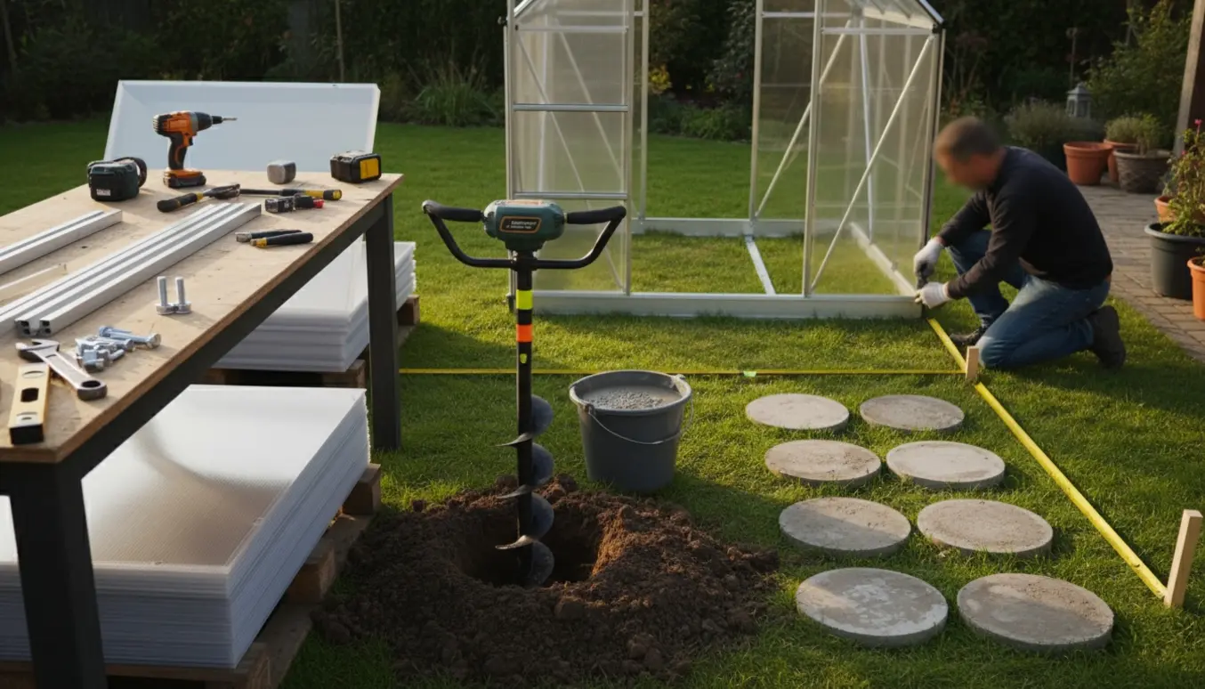 Delvist samlet drivhus på baghave med jordbor, punktfundament og udlagte aluminiumsprofiler.