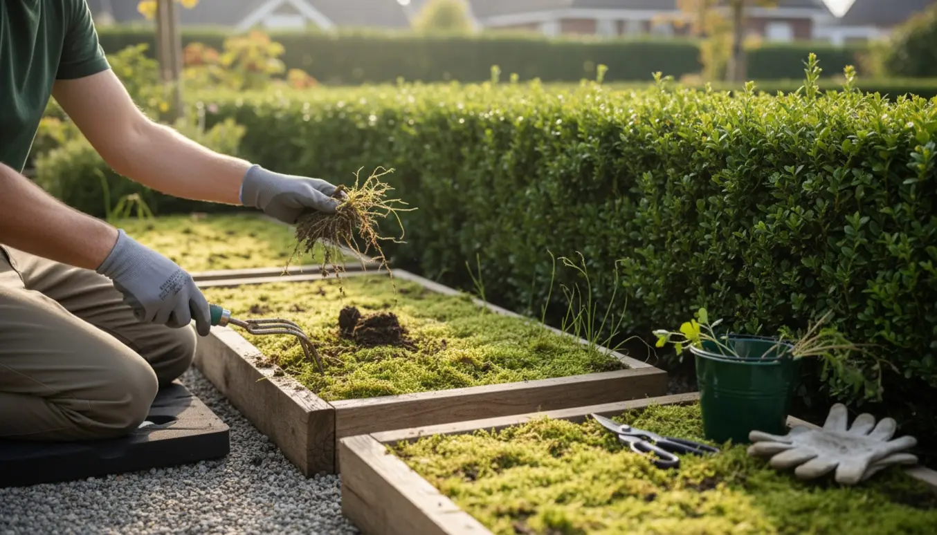 Nærbillede af hænder, der fjerner ukrudt fra to spagnum-bede ved en hæk med haveværktøj ved siden af.