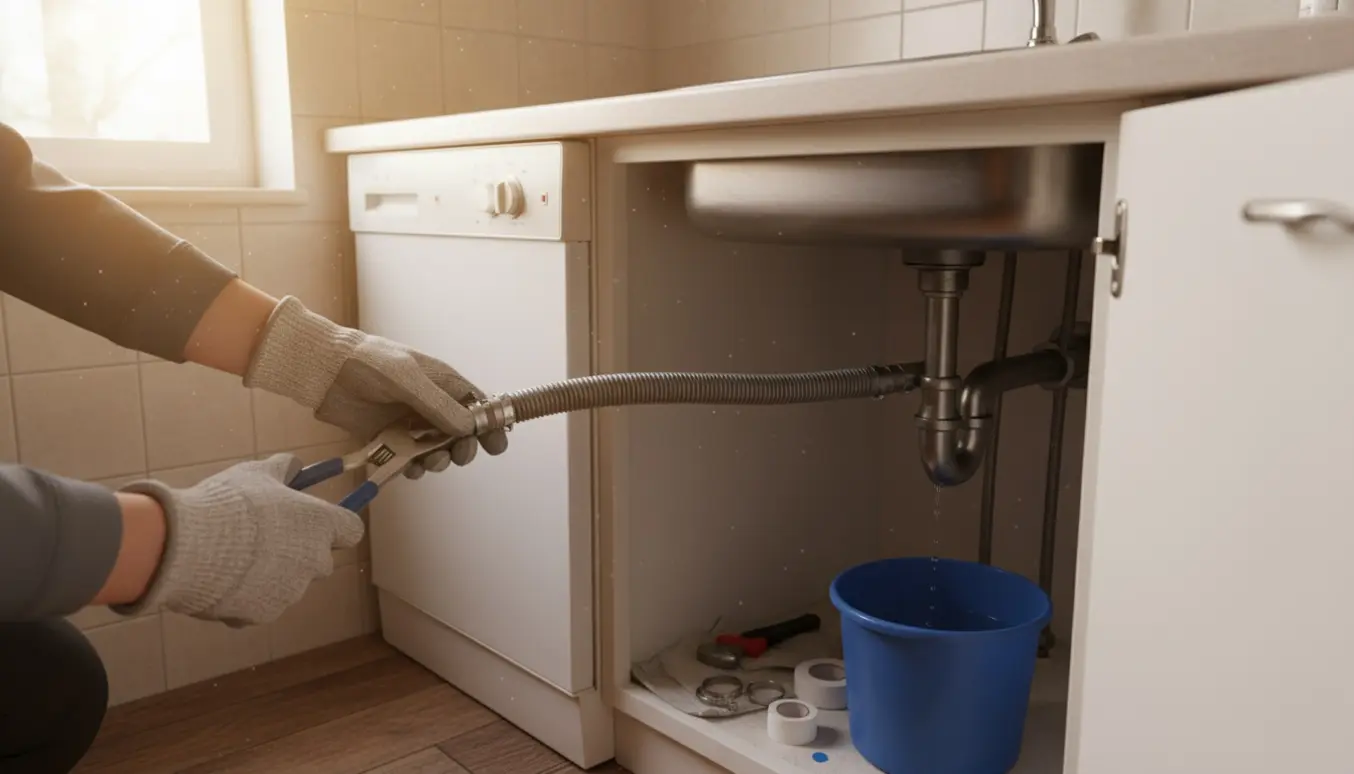 Hænder forbinder en ældre fritstående opvaskemaskines afløbsslange til køkkenvaskens afløbstilslutning under et åbent underskab.