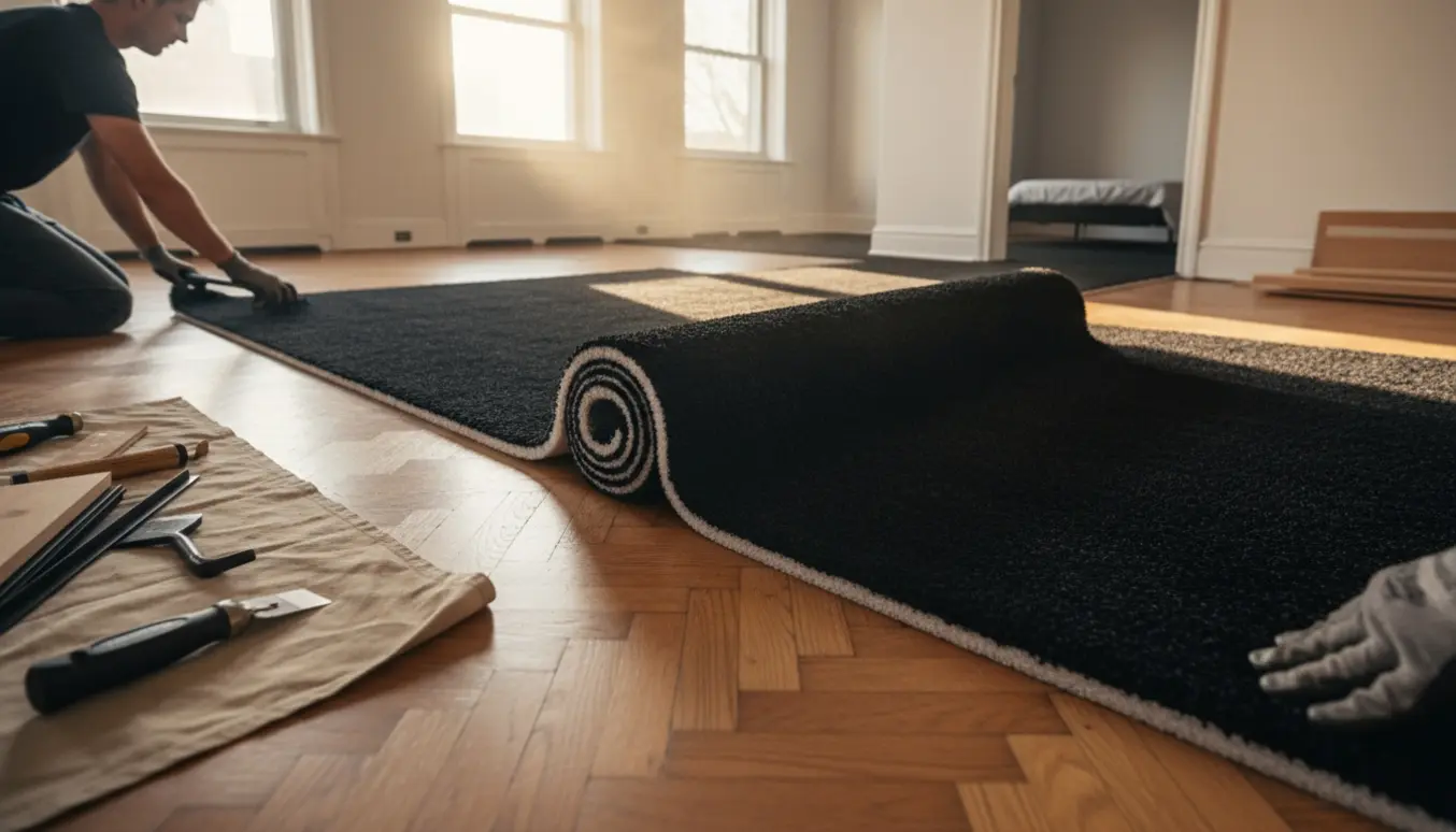 Mørkt væg-til-væg tæppe med skumbagside rulles og tilpasses over parketgulv i flere tilstødende rum med værktøj ved siden af.