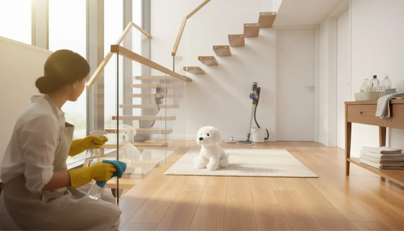 Person rengør en lys tre-etagers villa, mens en lille hvid bomuldshund sidder på et rent tæppe.