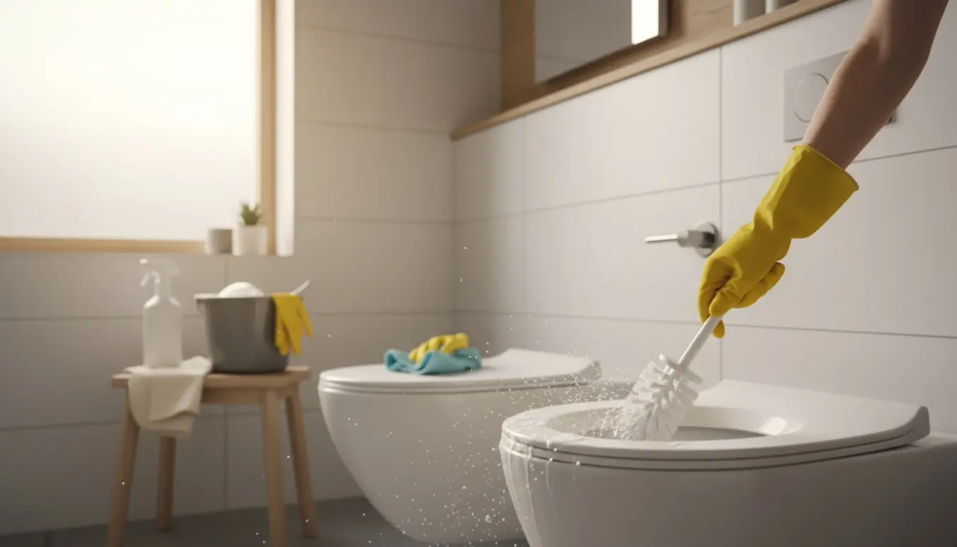 Hænder i gummihandsker renser to toiletter i et lyst dansk badeværelse.