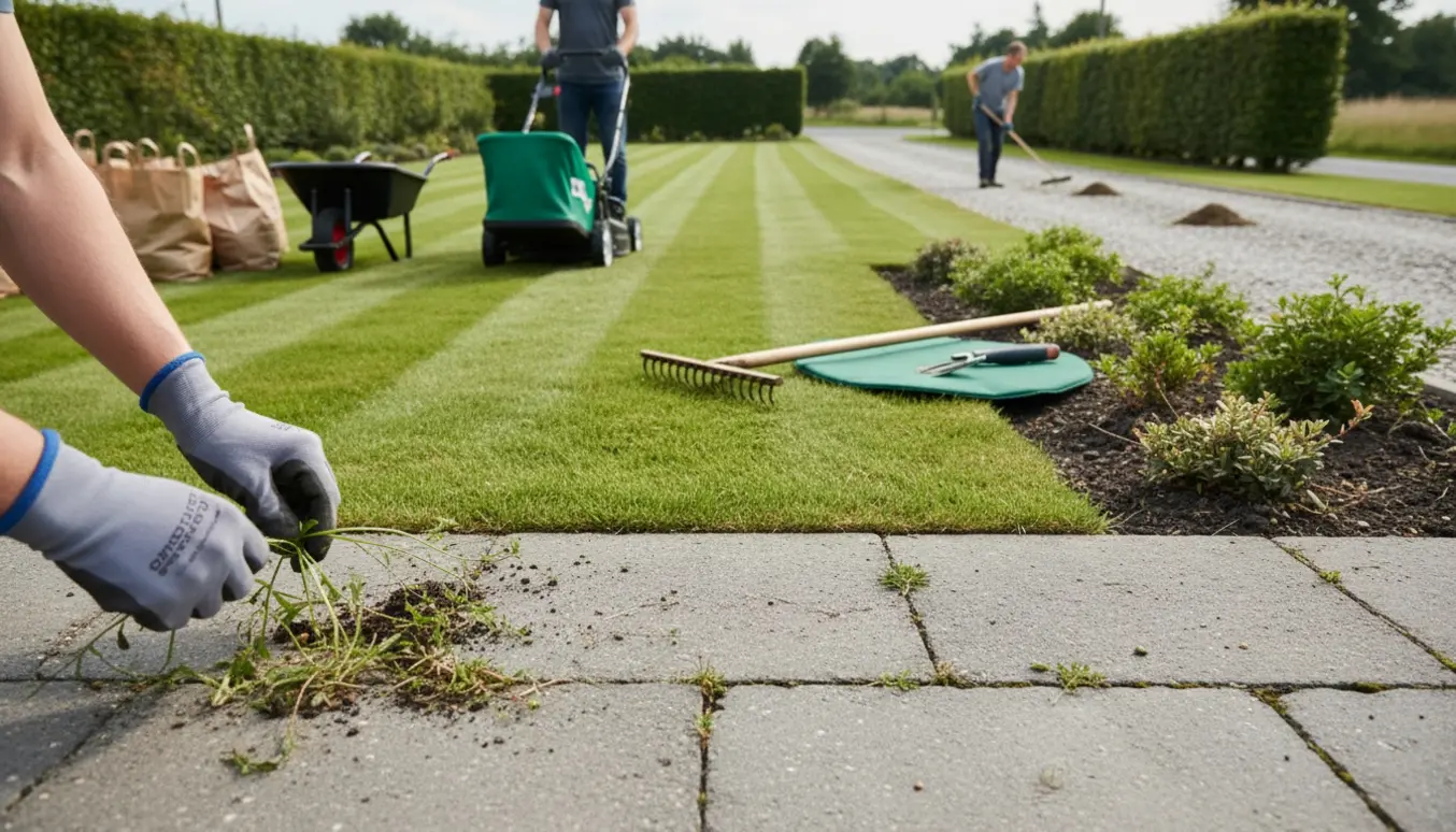 Oversigtsfoto af græsslåning, opsamling af haveaffald og lugning af ukrudt i indkørsel og mellem fliser.