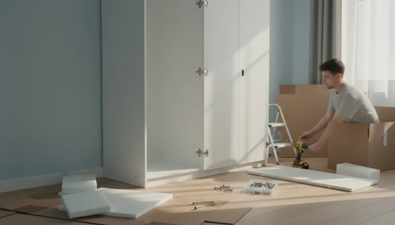 Et stort, delvist samlet hvidt klædeskab i et lyst soveværelse med dele og værktøj omkring, mens hænder monterer en hængsel.