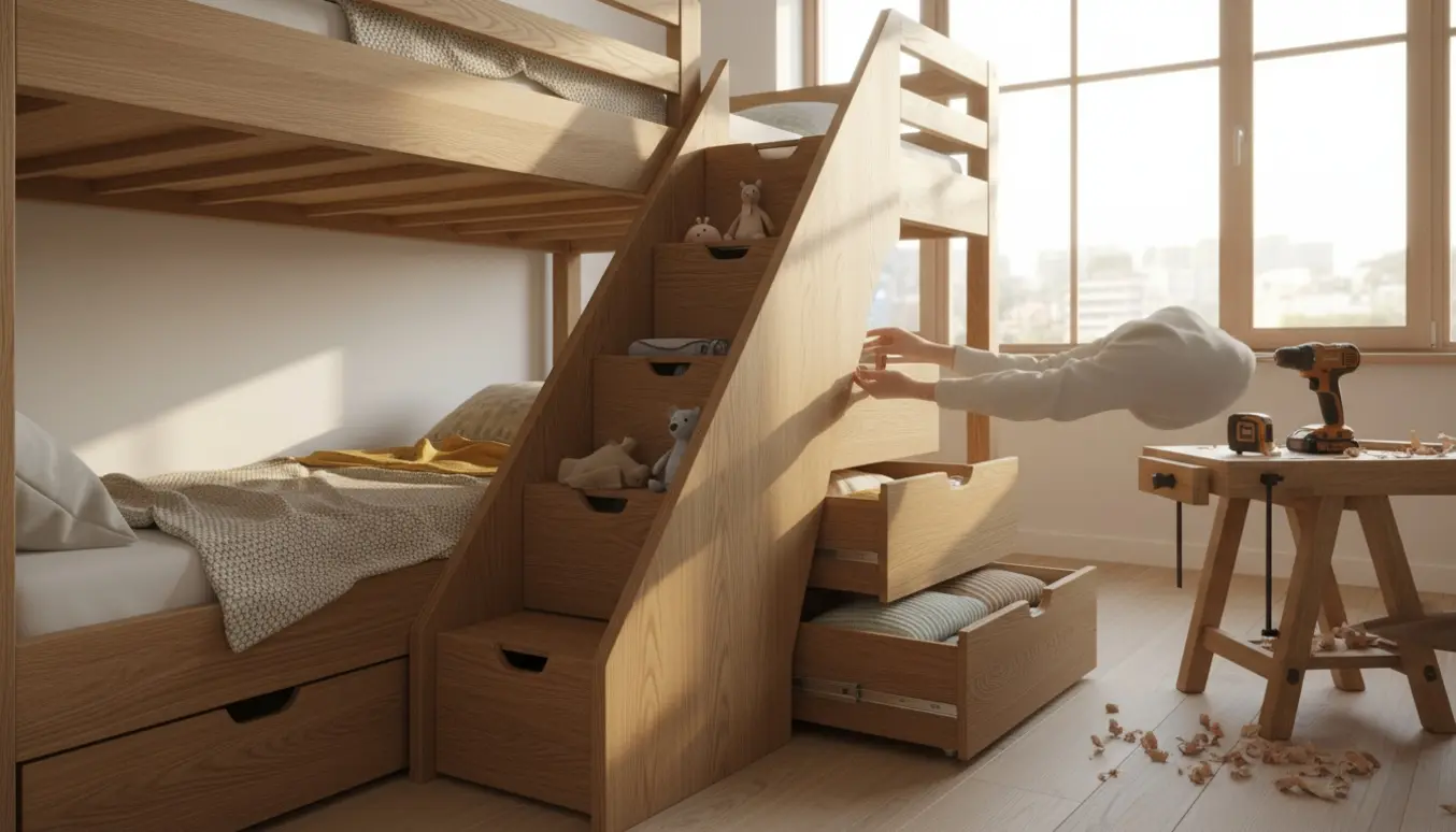 To overlapende træhøjsenge med indbyggede trappeskuffer i et lyst værelse.