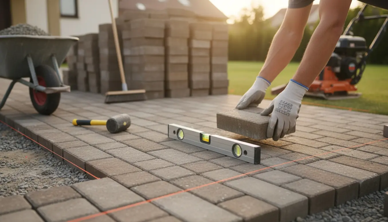 Hænder lægger matchende fliser i en indkørsel med stak fliser og værktøj ved siden af.