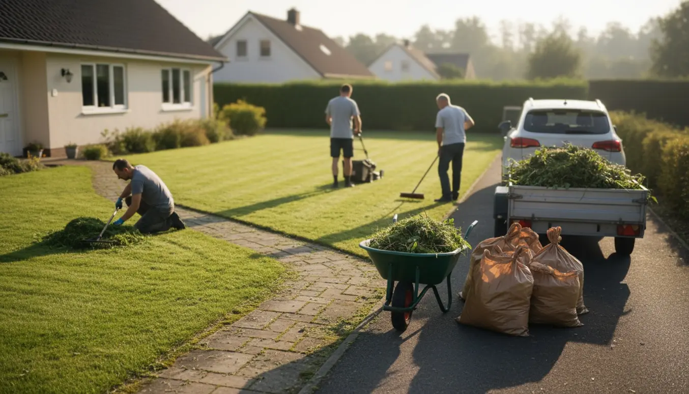 Villahave hvor græs plænes, flisegang fejes og haveaffald samles i trailer.