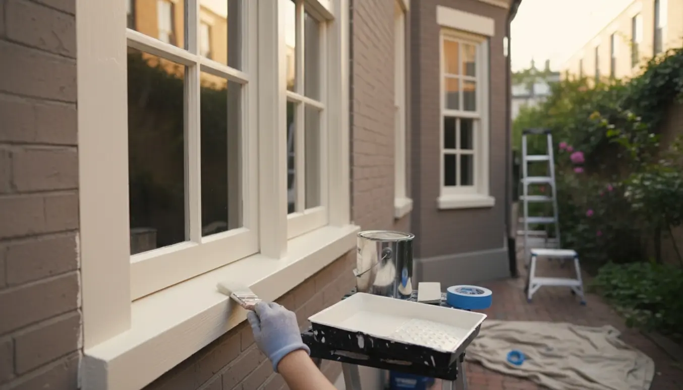 En maler på stige maler udvendige trærammer på fem vinduer med hvid maling i naturligt lys.
