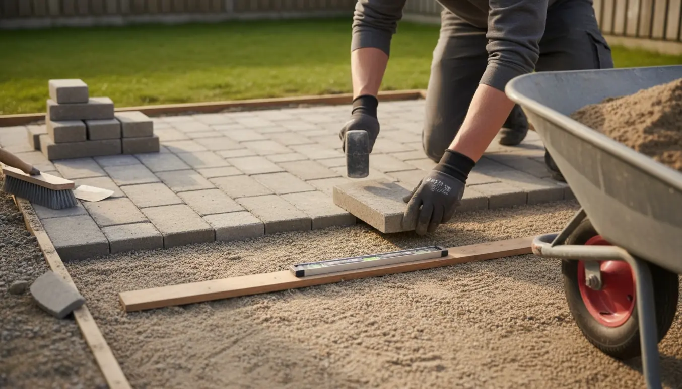 Hænder lægger herregårdssten på en afrettet sandbund med værktøj og bunker af sten i baggrunden.