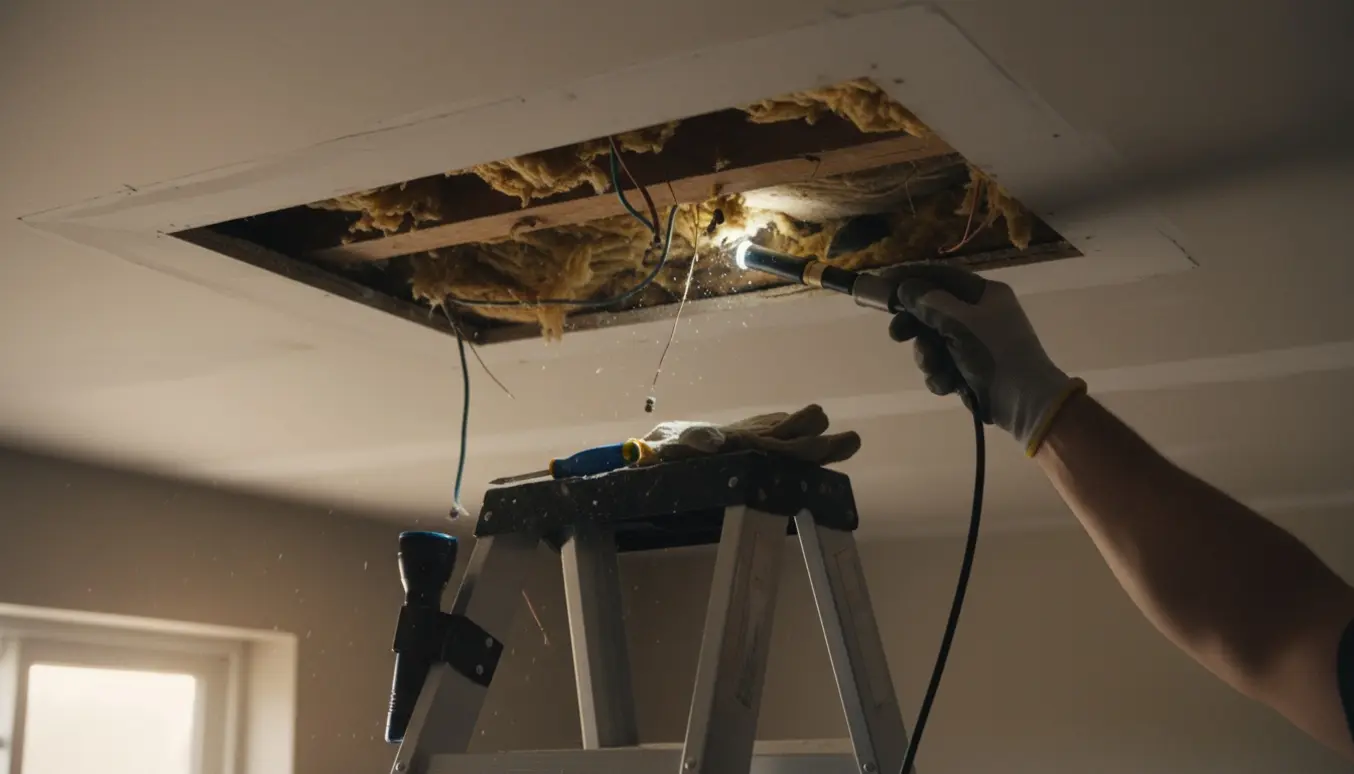 Person på stige undersøger et hul i loftet med et inspektionskamera, hvor en lille muse‑silhuet ses blandt isolering.