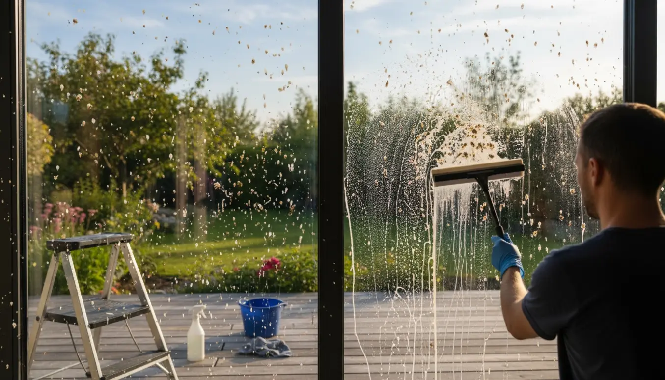 To store vinduer med synlige fugleklatter, hvor handskerede hænder rengør glasset med en vinduesskraber.