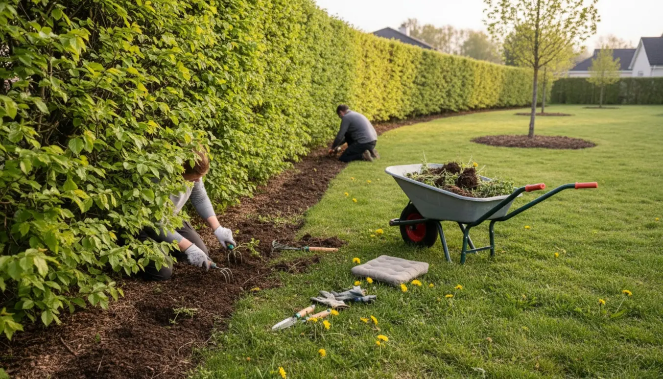 Person luger ukrudt under en lang bøgehæk og omkring et træ i forhaven, kun hænder synlige.