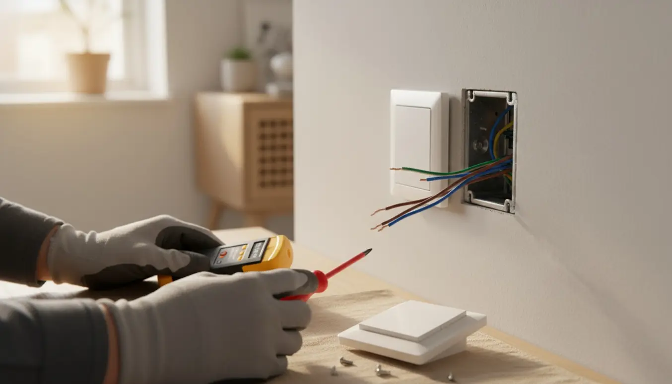 Nærbillede af hænder, der udskifter en hvid vægkontakt med skruetrækker og nyt modul ved siden af.