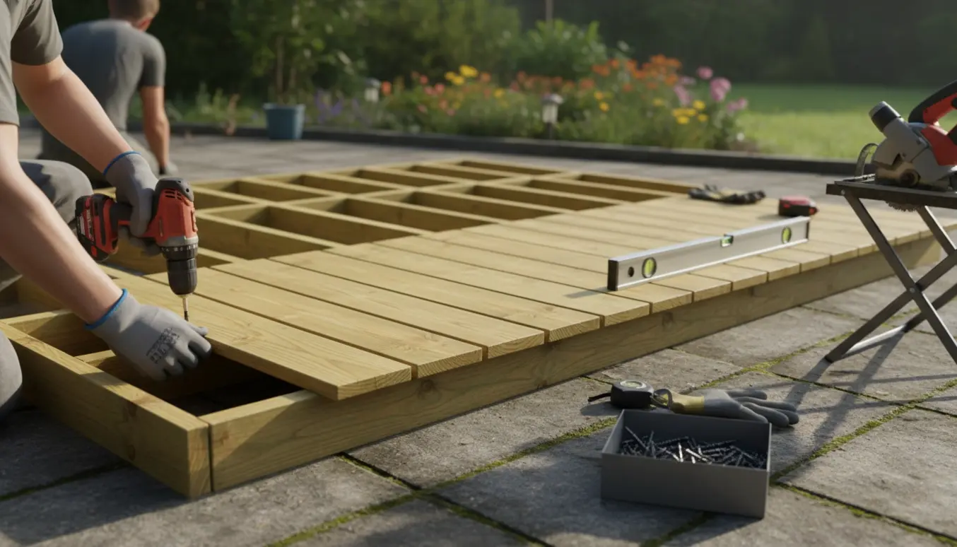 Fritstående træterrasse under opbygning på gamle fliser med trykket træ og værktøj i naturligt dagslys.
