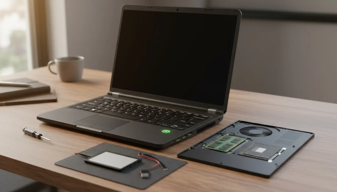 Ældre sort bærbar med grønt tændt powerlys, åben bagpanel og værktøj på et skrivebord.