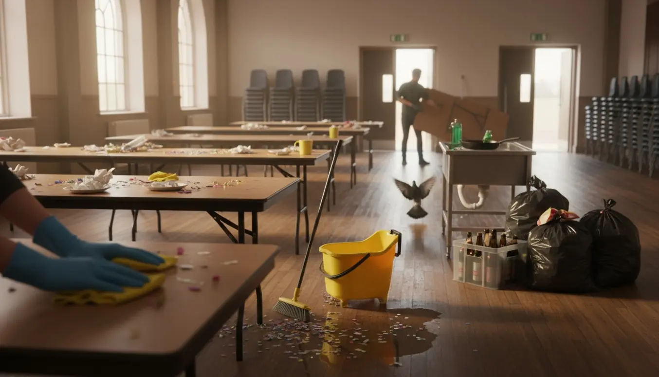 Efterfest-oprydning i et selskabslokale med borde, affaldssække, moppe og en kasse med tomme dåser.