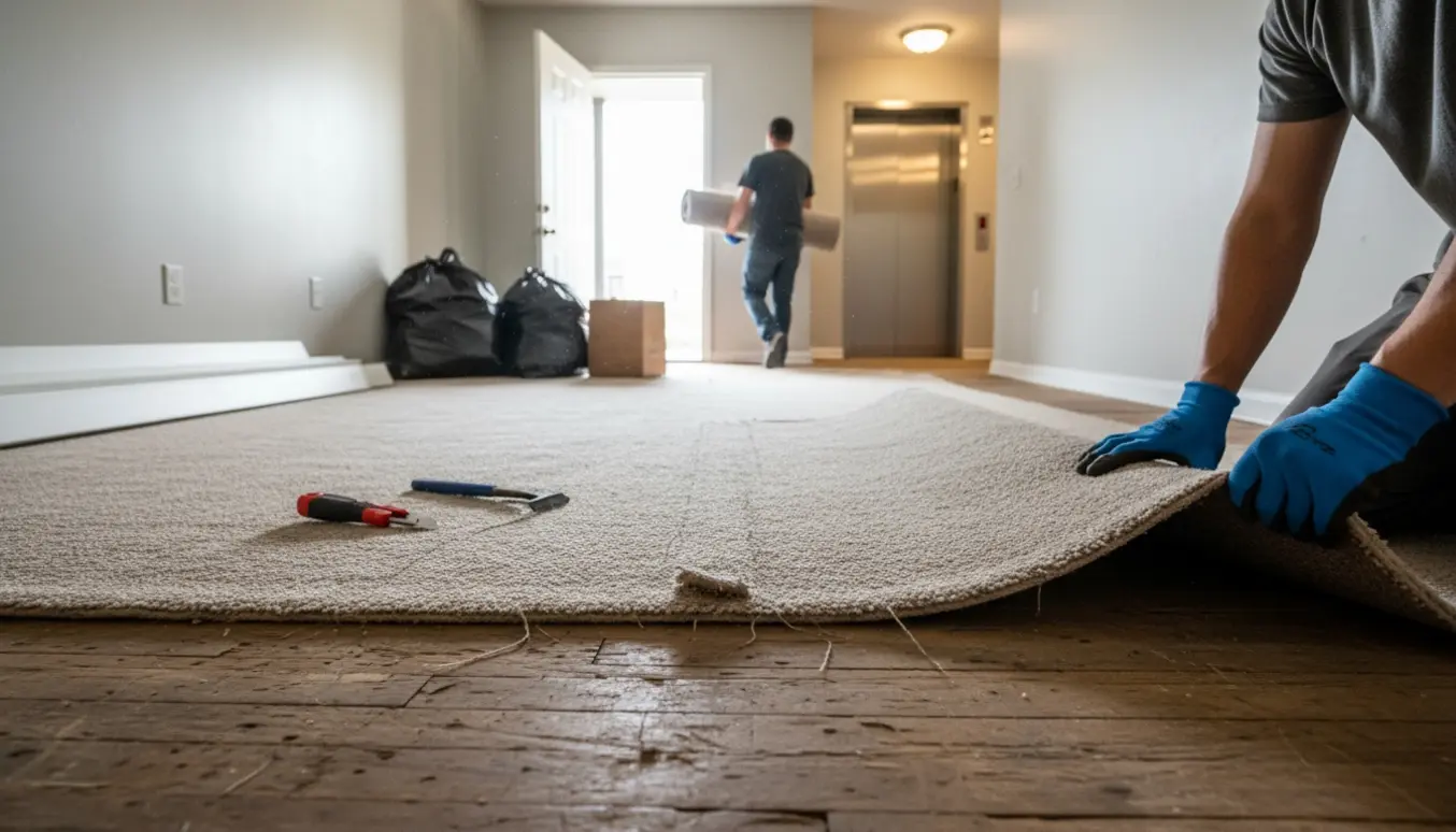 Tom lejlighed hvor væg‑til‑væg tæpper rulles op og fjernes, med værktøj og stabler af fodlister klar til storskrald.