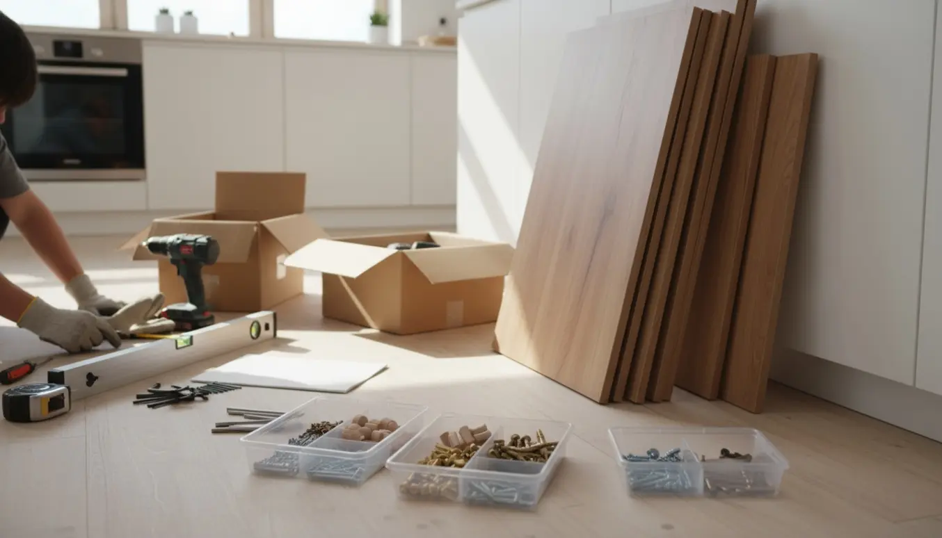 Uåbnede skabsplader og værktøj klar til samling i et lyst køkken.