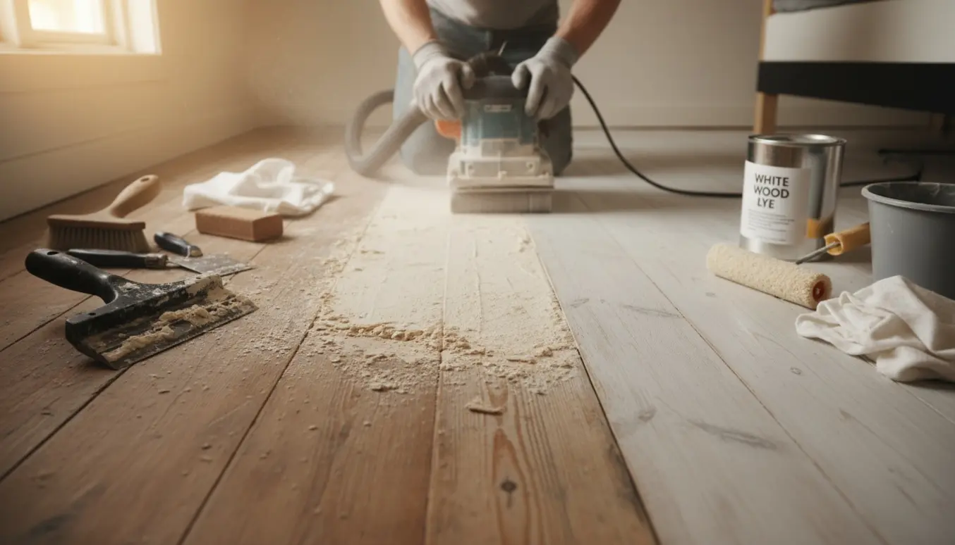 Delvist fjernet spartel og nyslebet fyrretræsgulv behandlet med hvid lud i et lyst værelse.