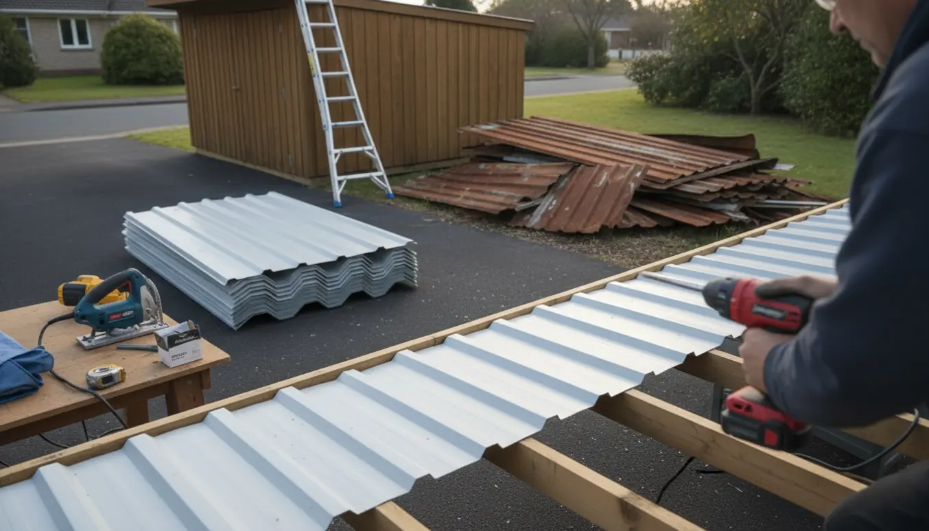 Carport og skur under udskiftning af trapezplader med nye plader og værktøj i fokus.