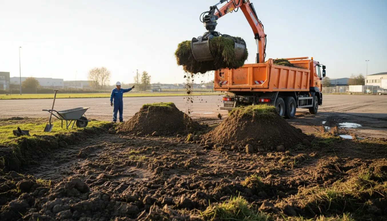 Lastbil med grab læsser to bunker tung, græsdækket jord op fra en åben grund.