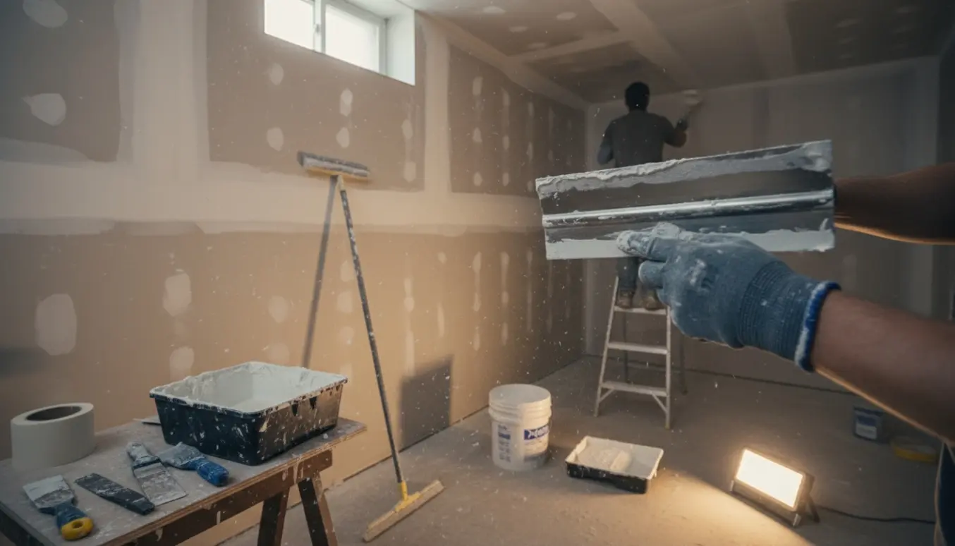 Kælder med gipsvægge og loft under spartling, slibning og maling med værktøj i forgrunden.
