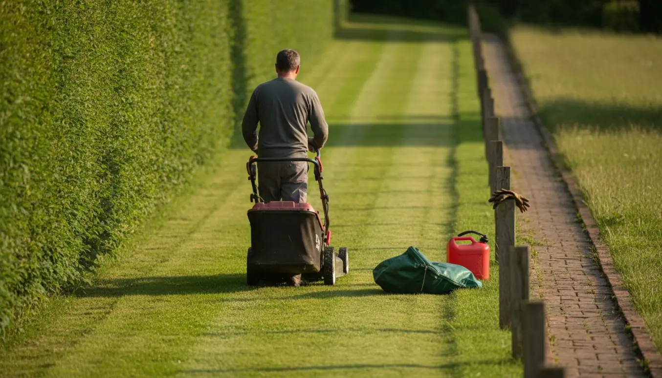 Person slår græs på en skrånende plæne mellem hæk og sti, set bagfra med en plæneklipper.