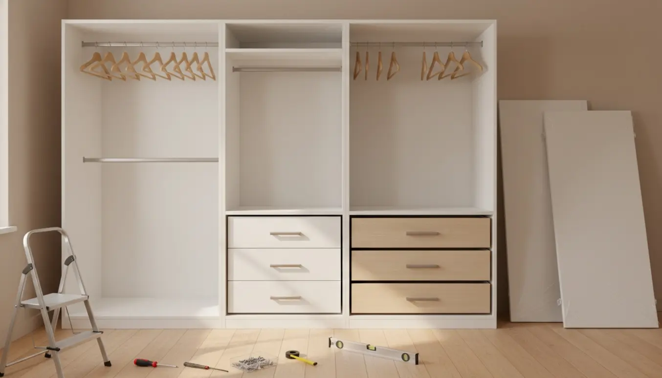 Delvist samlet walk-in garderobe med to store skabe og et mindre skab, skuffer, bøjler og værktøj.