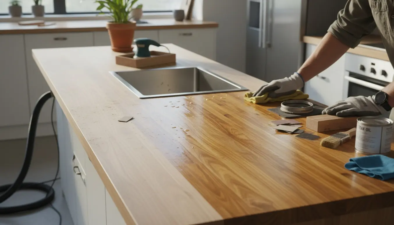 Lang massiv teakbordplade i køkken under slibning og efterbehandling med vask i midten.