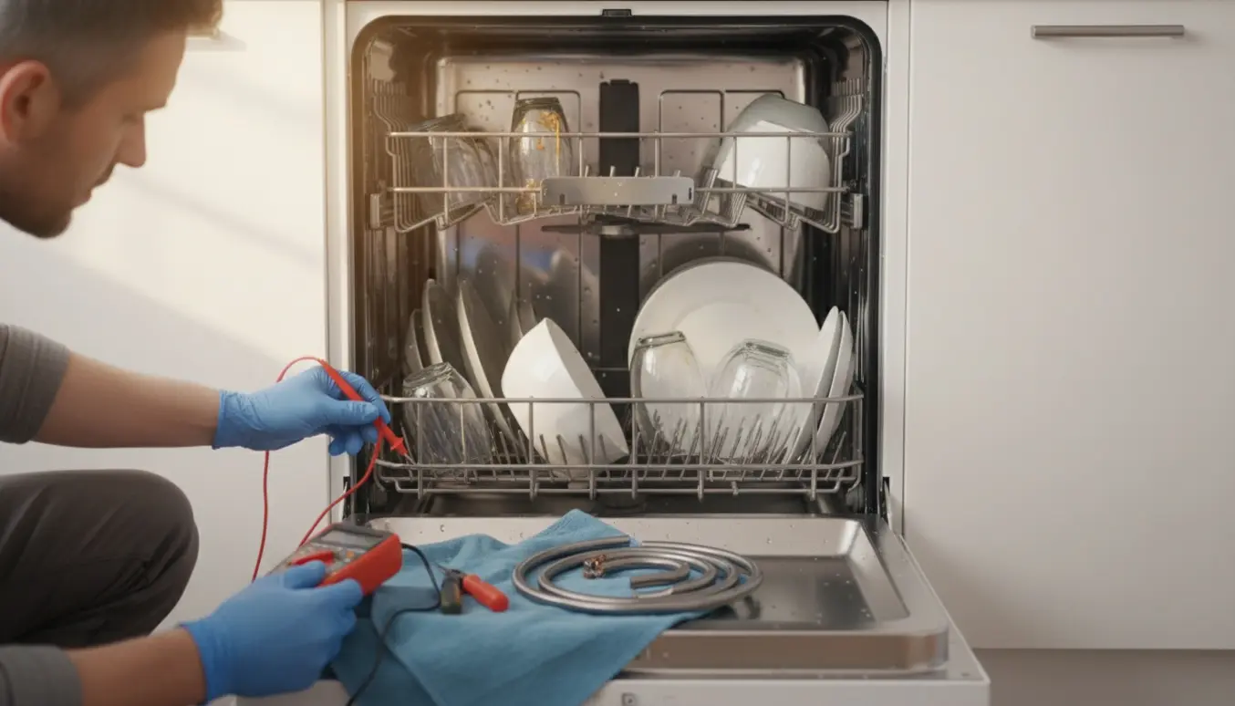 Tekniker tester varmeelementet i en åben opvaskemaskine med multimeter og værktøj.