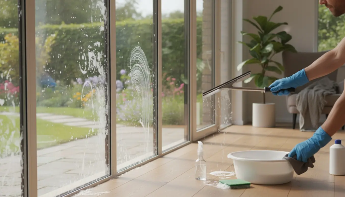 Syv gulv-til-loft vinduer rengøres indefra med skraber, klud og kalkrens, med tydeligt før-og-efter-resultat.