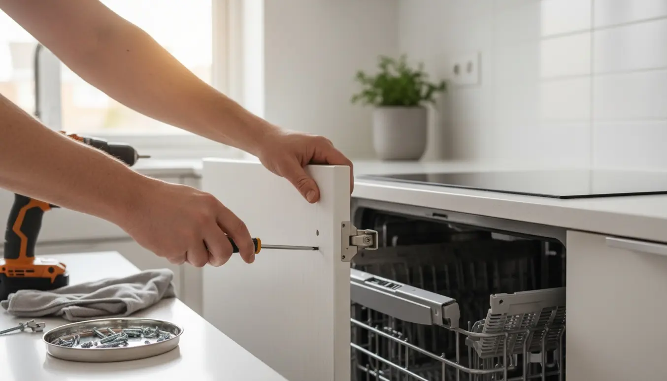 Hænder spænder en IKEA-låge fast på en integreret opvaskemaskine i et lyst køkken med værktøj på bordet.