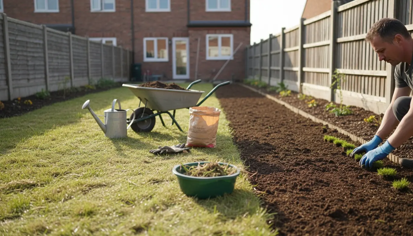 Lille rækkehushave under oprensning med riven græsplæne, nyplantet græsstribe og haveredskaber.