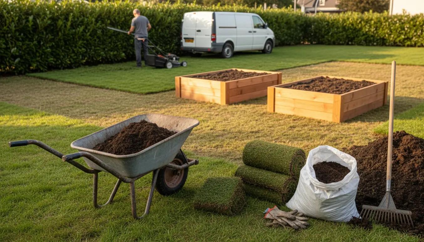 Delvis renoveret have med ny rullegræs, nybyggede højbede, hække under beskæring og haveredskaber i sollys.