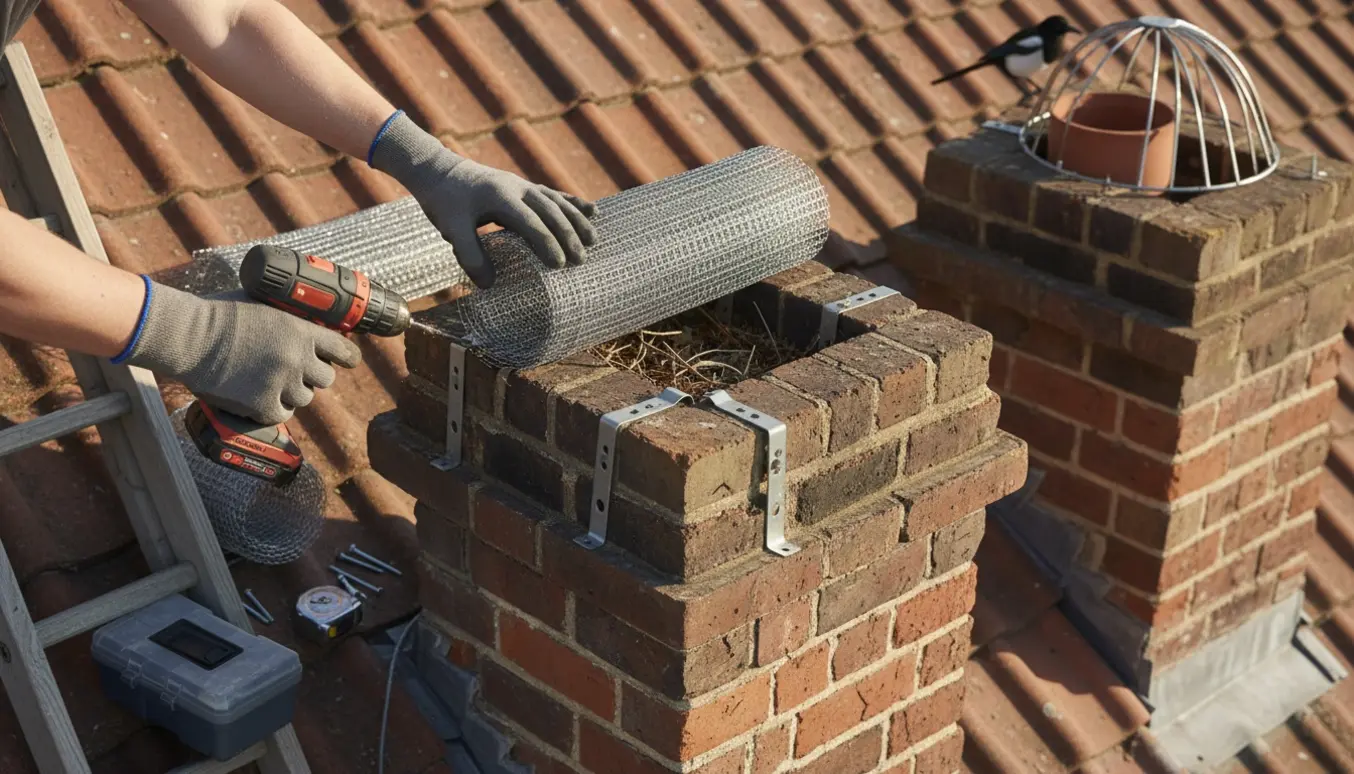 Opsætning af fuglegitter i en åben skorsten på et tag, med en nærliggende skorsten allerede med gitter.