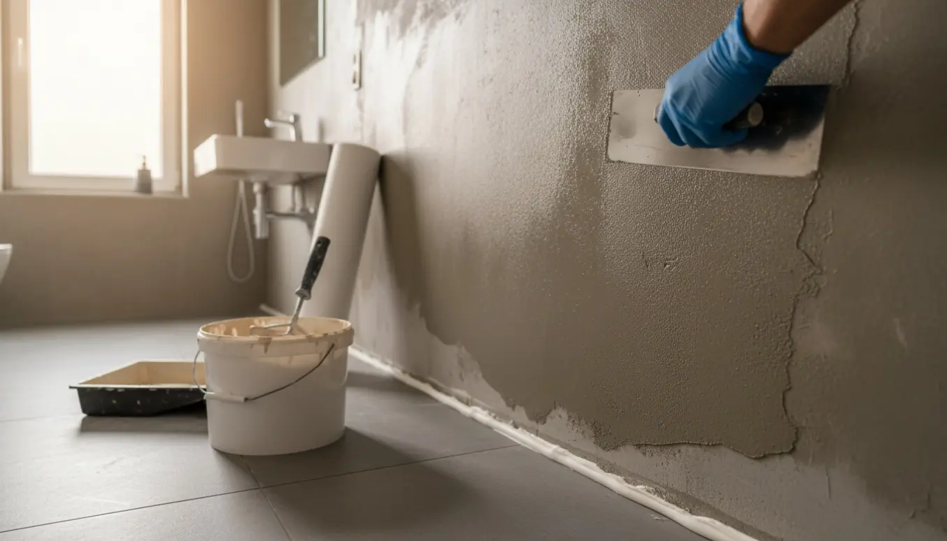 Ny betonvæg i et lille vådrum under spartling, opsætning af glasfilt og klargøring til maling, med værktøj i forgrunden.