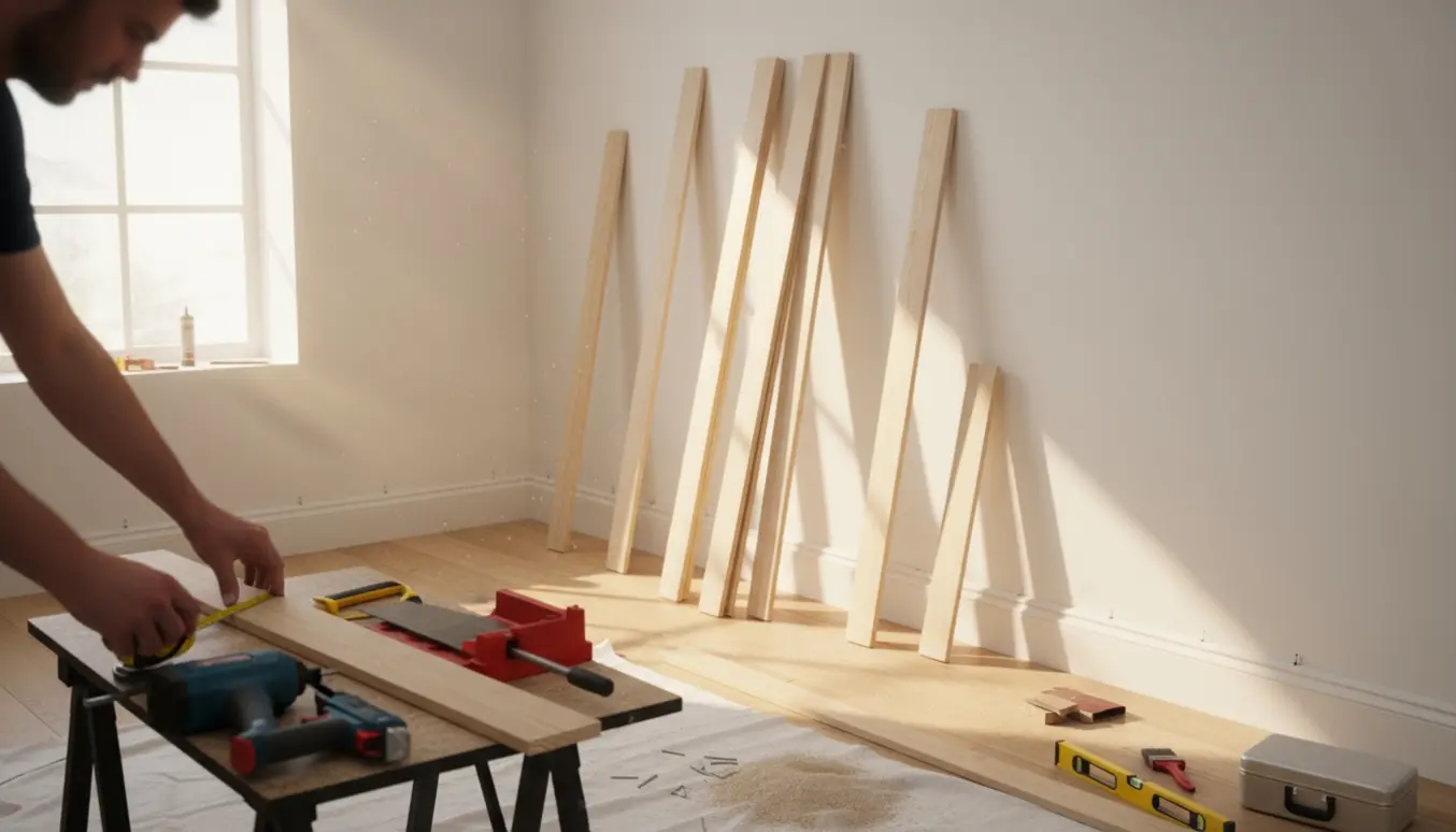 Montering af fodpaneler i et lyst rum med værktøj og lister klar til montering.