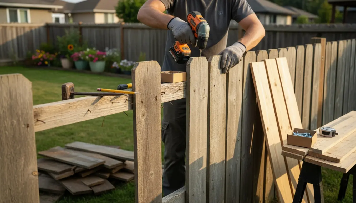 Nærbillede af hænder, der monterer nye brædder på et træhegn i en solrig baghave.
