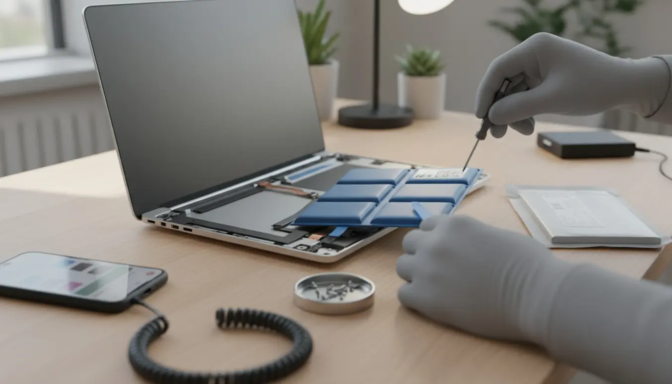 Nære hænder skifter batteri i en bærbar computer på et rent arbejdsbord med værktøj og skruer.