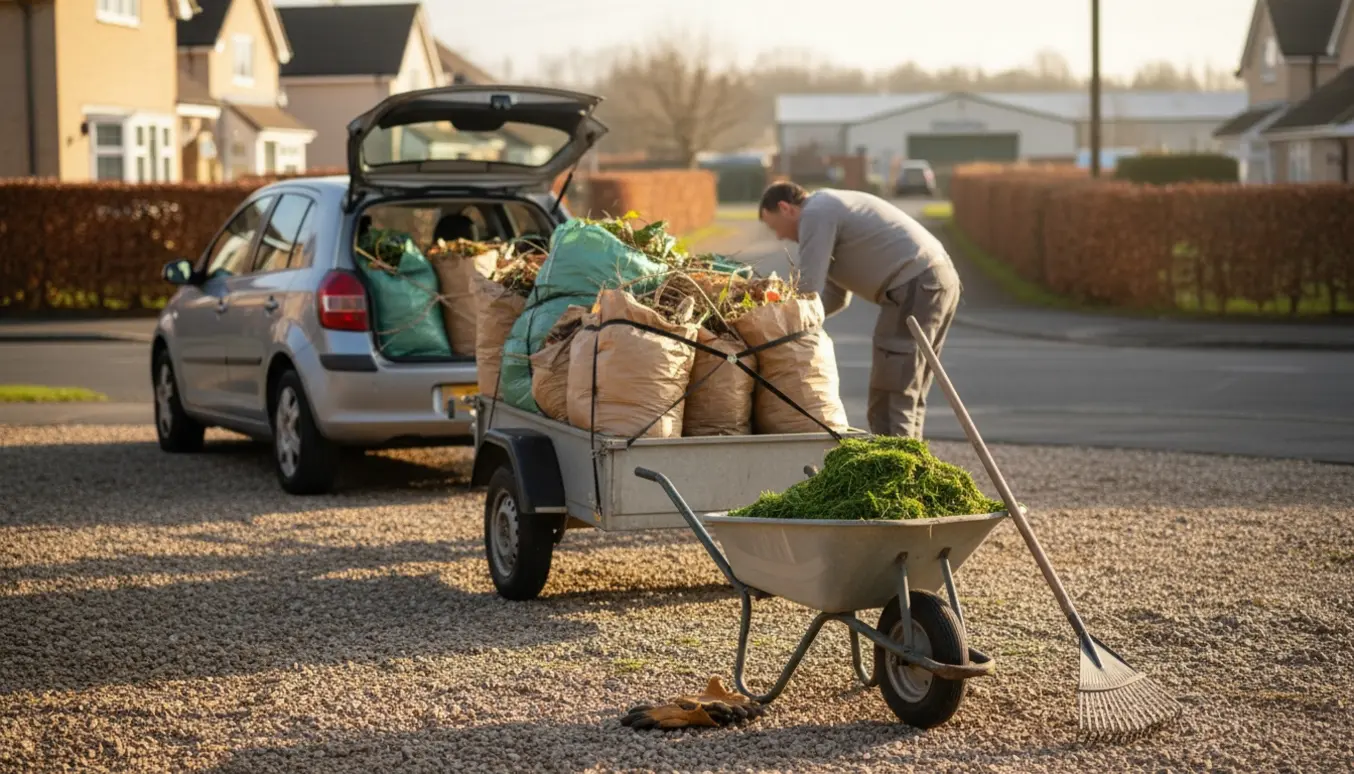 12 sække haveaffald stablet i trailer og bil på en indkørsel klar til aflevering.
