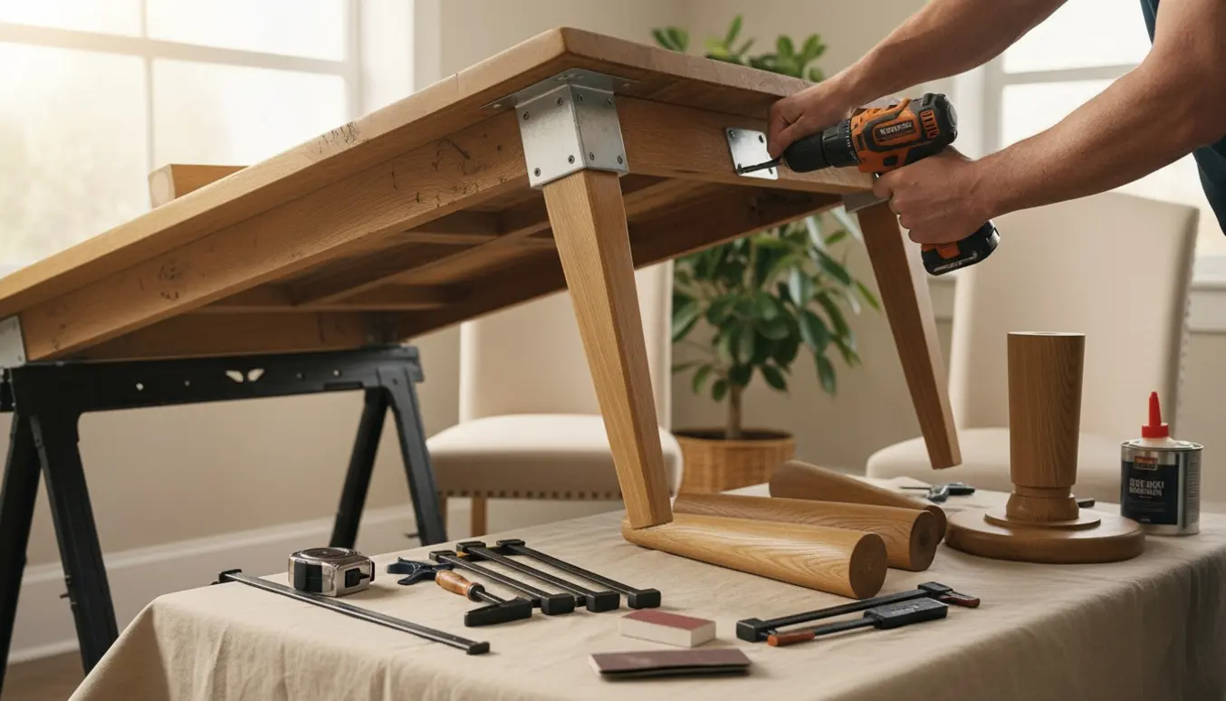 Egetræs spisestuebord, hvor nye træben monteres med værktøj i et lyst rum.