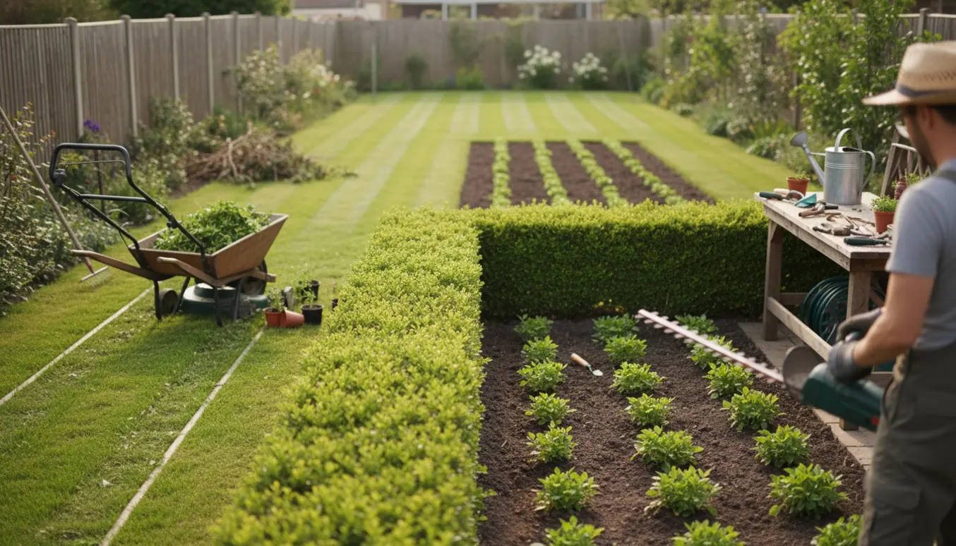 En havemand set bagfra trimmer hæk, nyklippet græs og et ordnet bed bagerst i haven.