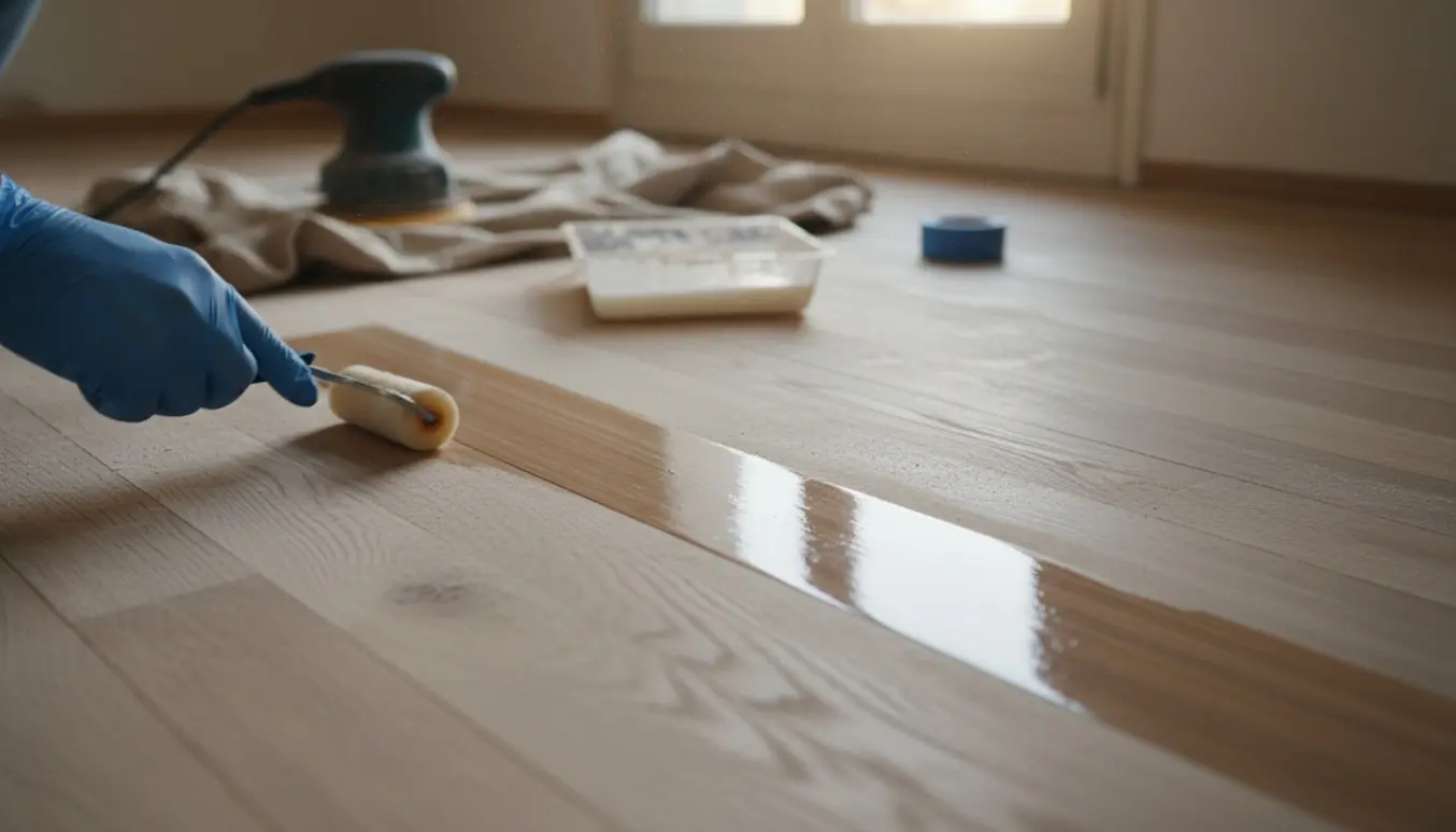 Tæt billede af et trægulv med en nylakeret blank stribe på en ellers nyslebet overflade.