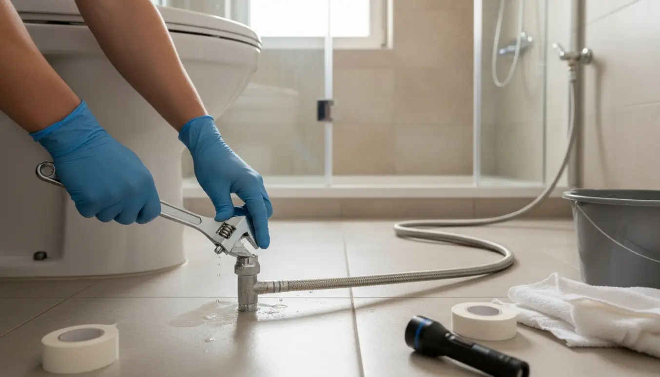 Hænder skifter toilettets metalventil og forbereder en ny fleksibel slange bag en brusekabine.