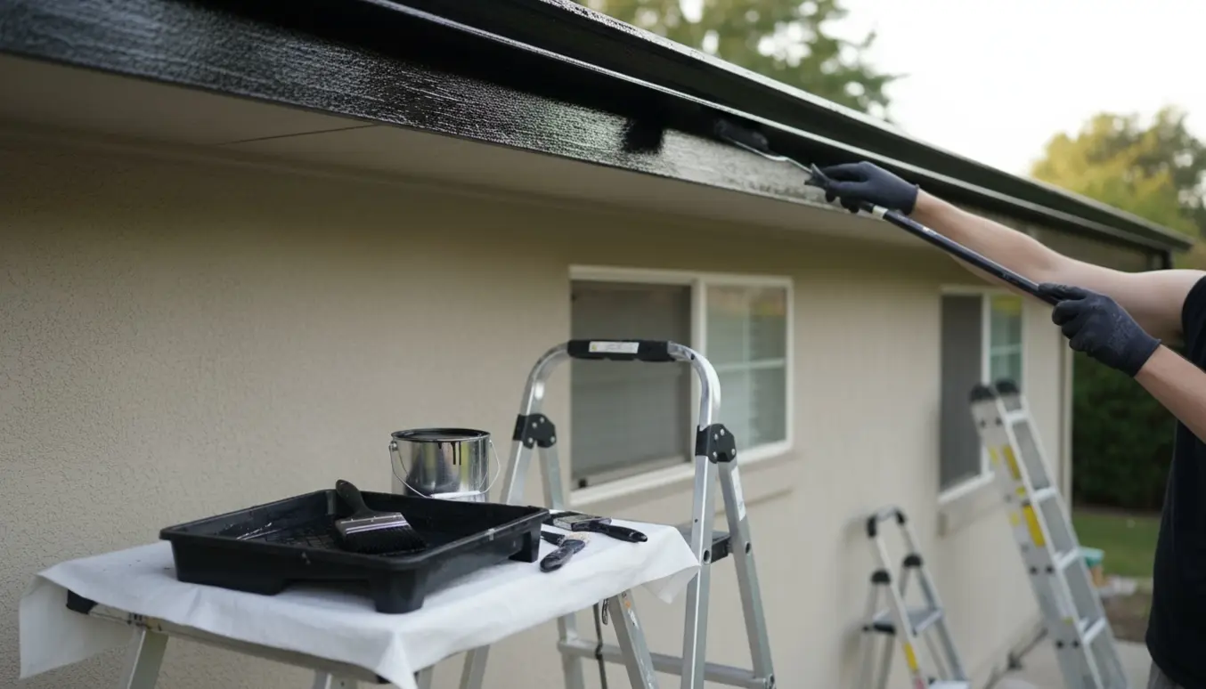 En person på en stige maler husets udhæng sorte med rulle, mens malerbøtter og værktøj står klar.