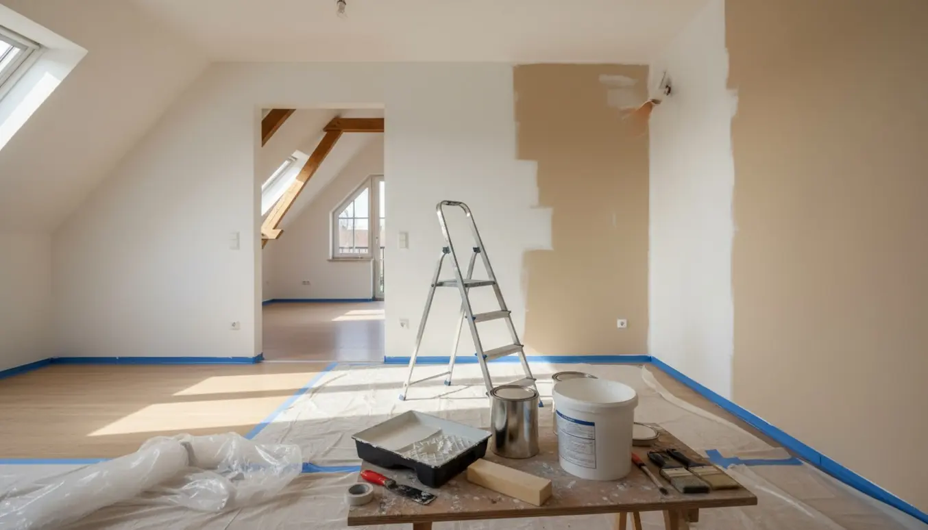 Indvendigt hus under malerarbejde med halvmalet hvid væg, stige, malerbøtter og beskyttelsesdug.